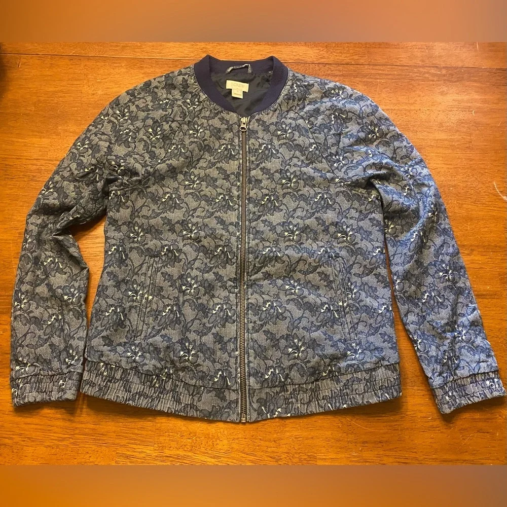 J. Crew Navy Floral Jacquard Zip Bomber Jacket
